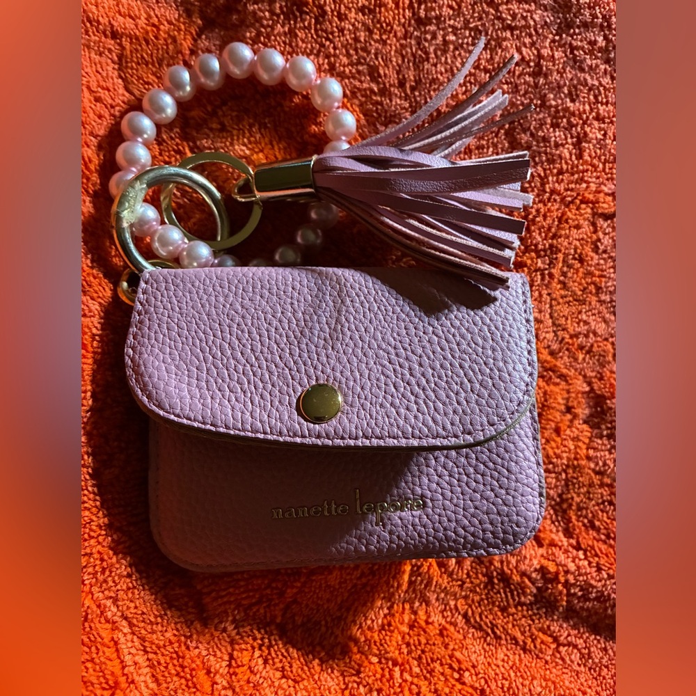 Nanette Lepore Lilac Leather Key & Card Pouch with Tassel and Pearl Bracelet
